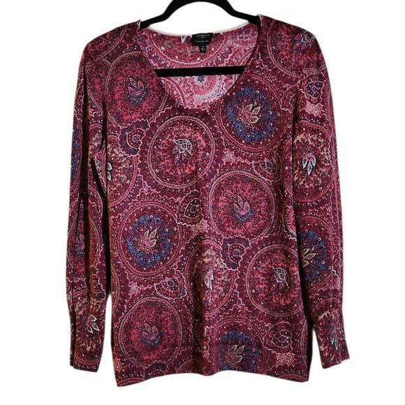 Talbots Pure Merino Wool Puff Sleeve Burgendy Pink Paisley Sweater Plus Size 1X - Picture 2 of 10